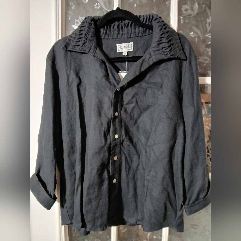 TWO WISHES Black LINEN RUFFLE PLACKET JACKET Button Down Top Luxury Large